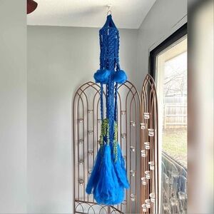 Vtg 70s Handmade 6ft Macrame Crochet Plant Hanger Royal Blue Large Retro Funky